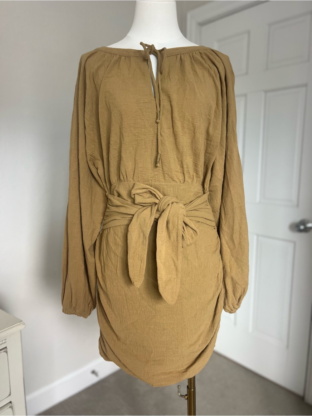 Free People The Only One Mini Dress Beige Small Ruched Flowy Sleeve Bohemian